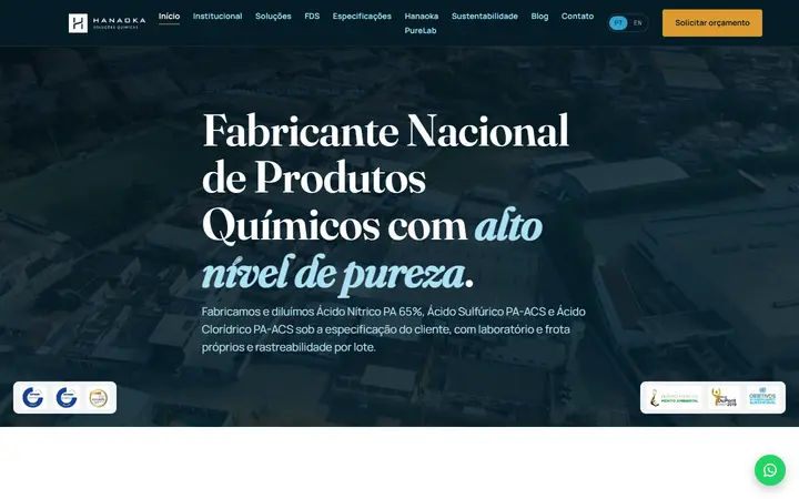 Site novo da Hanaoka: Fabricante Nacional de Produtos Químicos com alto nível de pureza, sobre vídeo aéreo da fábrica